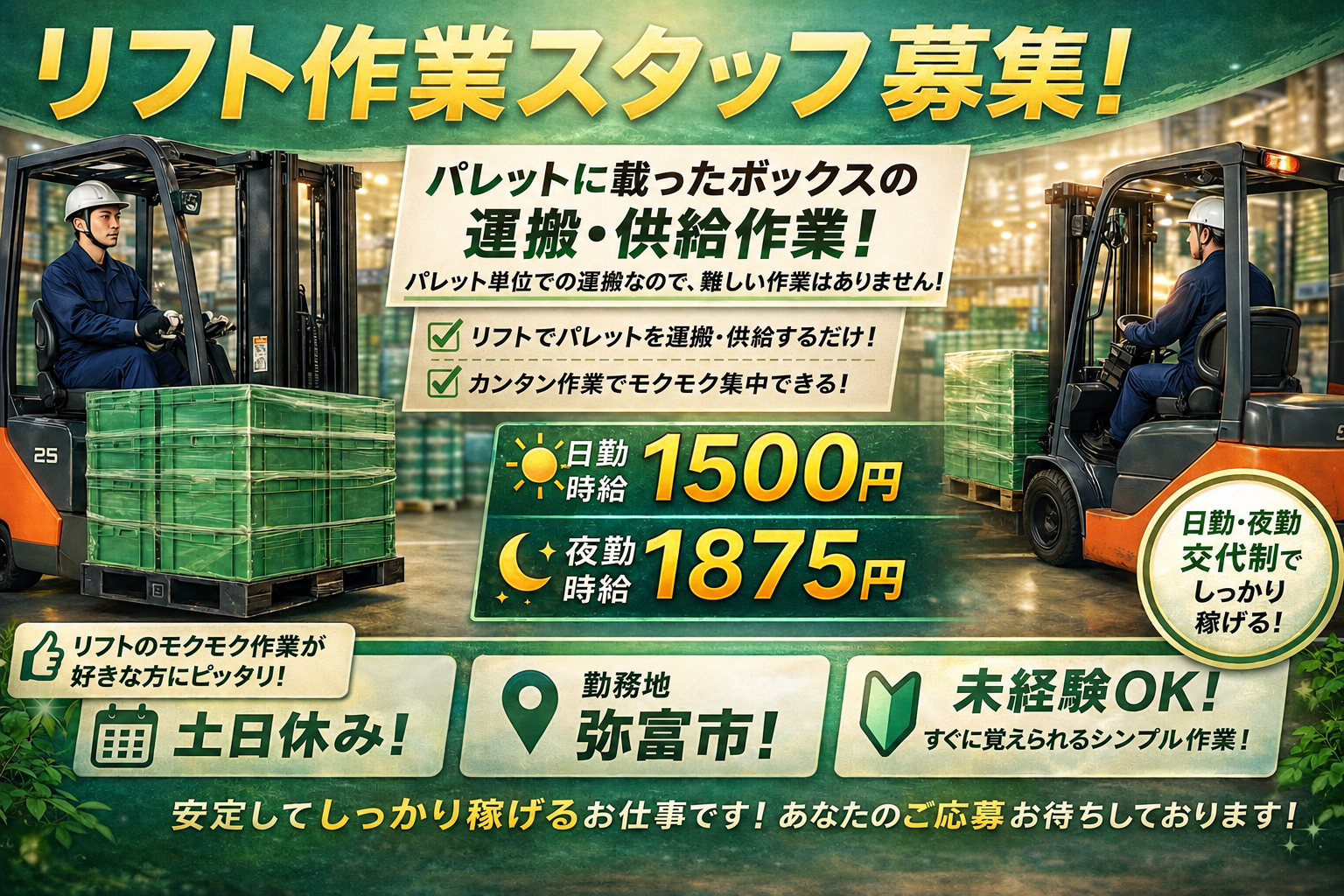 派遣 特になし 軽作業 点検・検査 フォークリフト 特になし 物流・倉庫求人イメージ