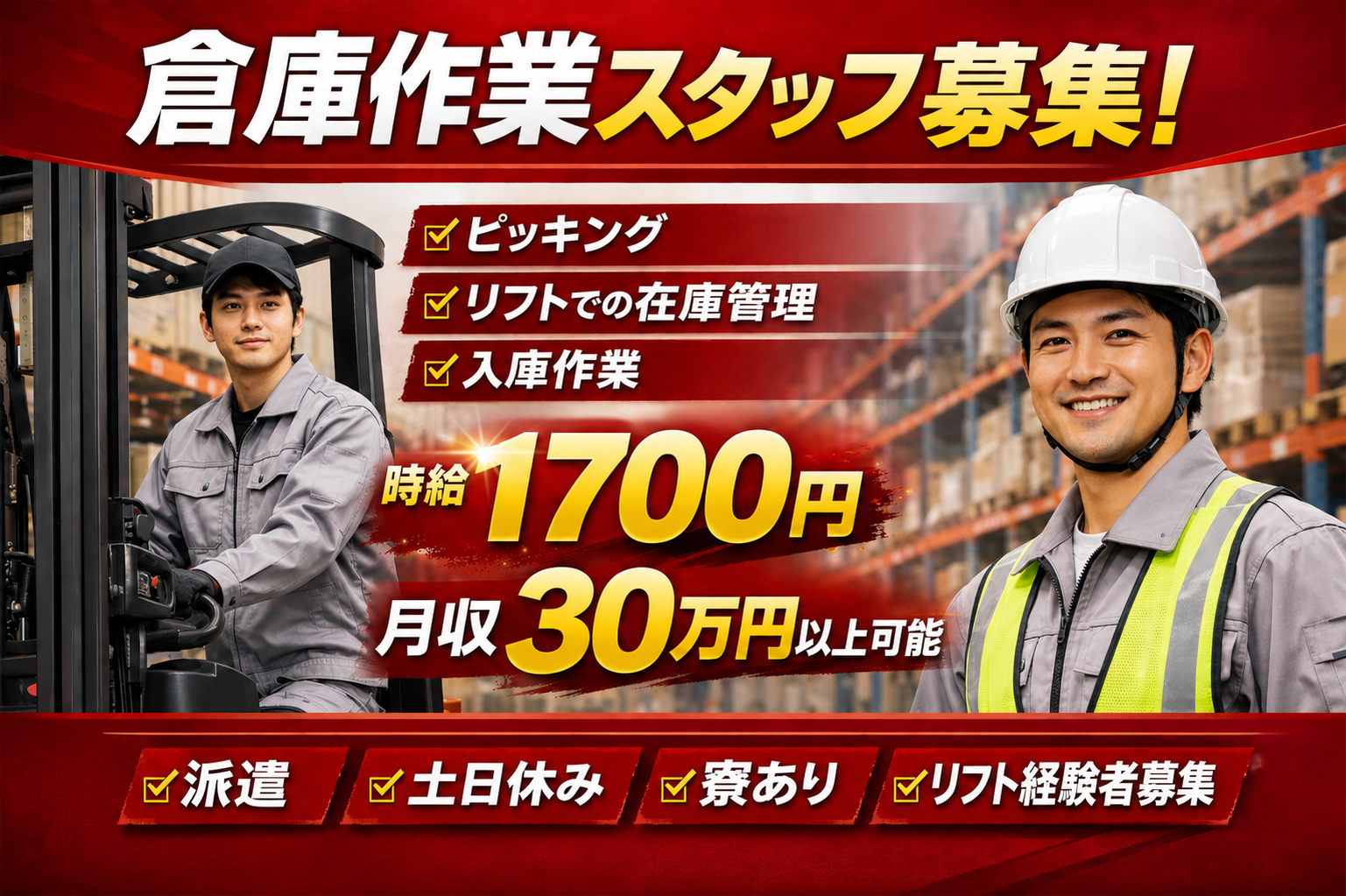 派遣 特になし 軽作業 集荷・ピッキング フォークリフト 特になし 物流・倉庫 小売・流通求人イメージ